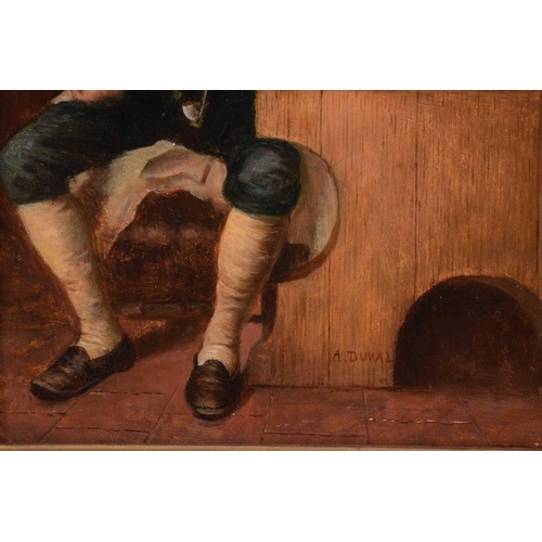 260 - Alix Duval (1848-?), Seated man with a pipe in an interior, signed, oil on panel, 21.5 x 15 cm, fram... 