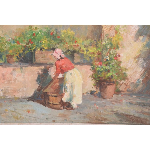 261 - Vincenzo Irolli (1860 - 1942/49) Italian, Lady on a garden terrace, signed, oil on loose canvas, 18 ... 