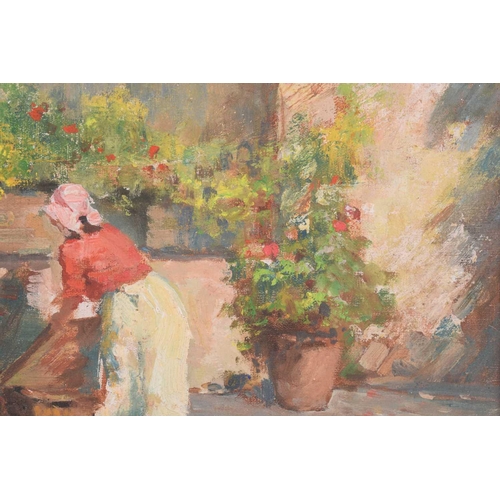 261 - Vincenzo Irolli (1860 - 1942/49) Italian, Lady on a garden terrace, signed, oil on loose canvas, 18 ... 