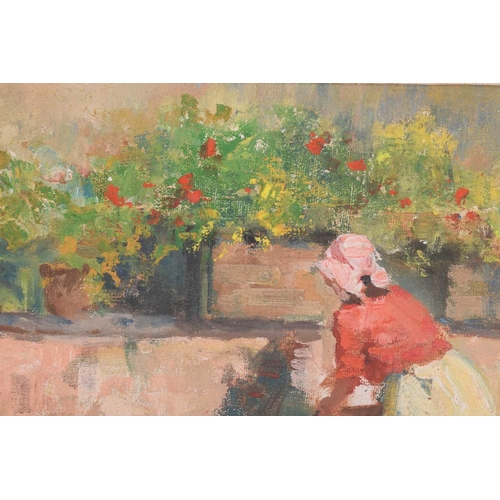 261 - Vincenzo Irolli (1860 - 1942/49) Italian, Lady on a garden terrace, signed, oil on loose canvas, 18 ... 