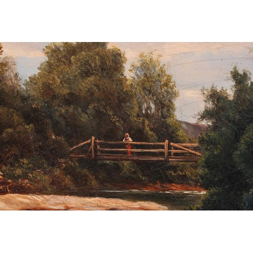 270 - Carl Moll (early 20th century), Figure on a footbridge over a river, signed and dated '19, oil on pa... 