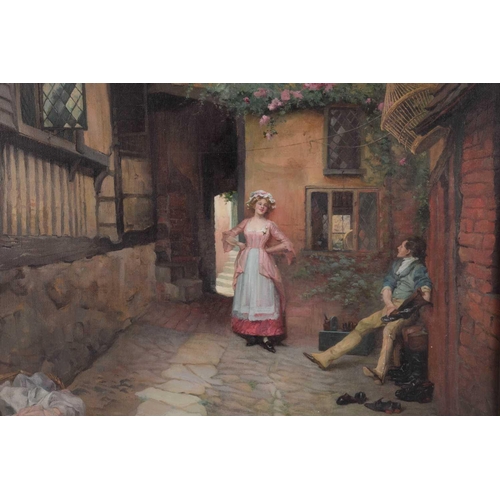 276 - † Nellie Joshua (1877 - 1960), Cleaning boots in the yard, signed, oil on canvas, 61 x 46 cm, framed... 