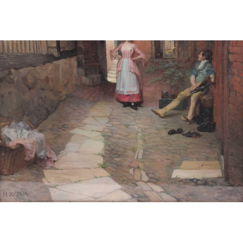 276 - † Nellie Joshua (1877 - 1960), Cleaning boots in the yard, signed, oil on canvas, 61 x 46 cm, framed... 