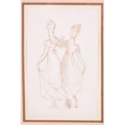 277 - Early 19th century English school, two ladies dancing, ink drawing on paper, 13 x 8 cm, framed and g... 