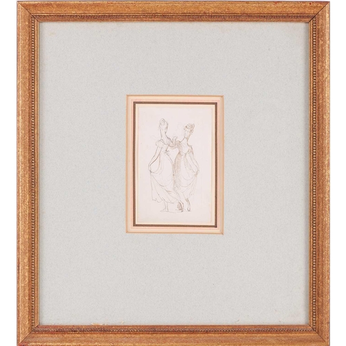 277 - Early 19th century English school, two ladies dancing, ink drawing on paper, 13 x 8 cm, framed and g... 