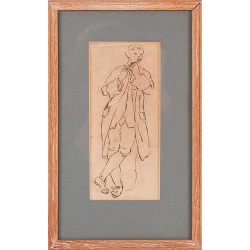 277 - Early 19th century English school, two ladies dancing, ink drawing on paper, 13 x 8 cm, framed and g... 