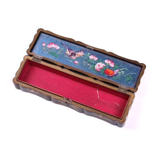 305 - A 19th-century Chinese black and gilt lacquered fan box, containing a European fan (a/f), the box 36... 