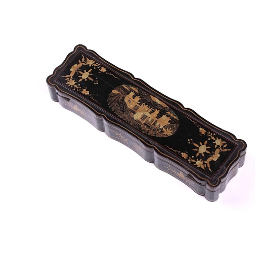 305 - A 19th-century Chinese black and gilt lacquered fan box, containing a European fan (a/f), the box 36... 