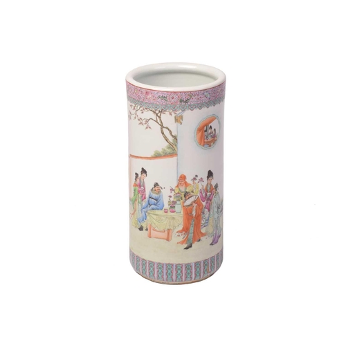 308 - A 20th-century Chinese ceramic cylindrical stick stand, the body decorated with noblemen and attenda... 