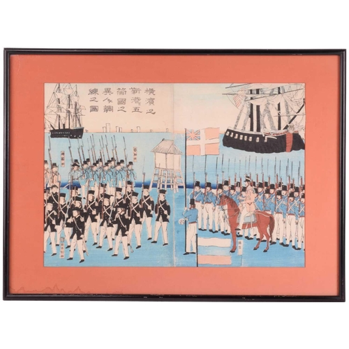 309 - A collection of Japanese woodblocks comprising, Toshimitsu Fukushima , 'Pyongyang Surrendered, tript... 