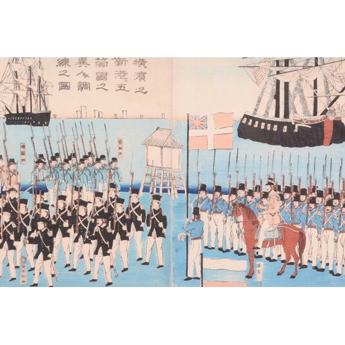 309 - A collection of Japanese woodblocks comprising, Toshimitsu Fukushima , 'Pyongyang Surrendered, tript... 