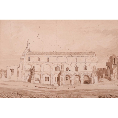 31 - Miles Edmund Cotman (1810 - 1858), 'Binham Priory' signed and dated 1840, monochrome watercolour, pe... 