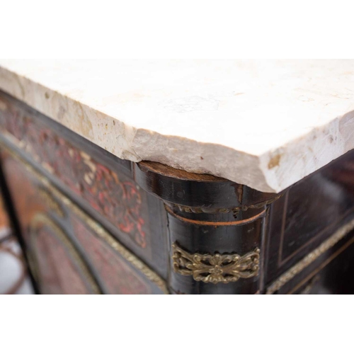 313 - A 19th century French boulle work and ebonised pier cabinet, the later marble top over a scroll form... 