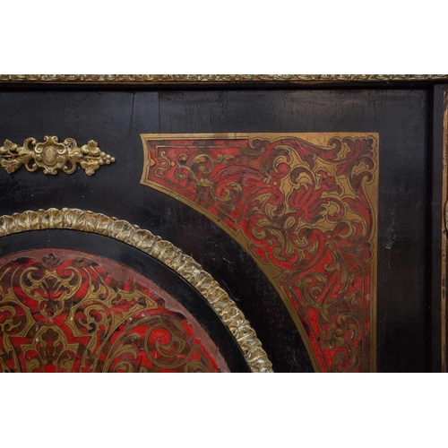 313 - A 19th century French boulle work and ebonised pier cabinet, the later marble top over a scroll form... 