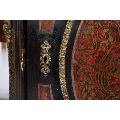 313 - A 19th century French boulle work and ebonised pier cabinet, the later marble top over a scroll form... 