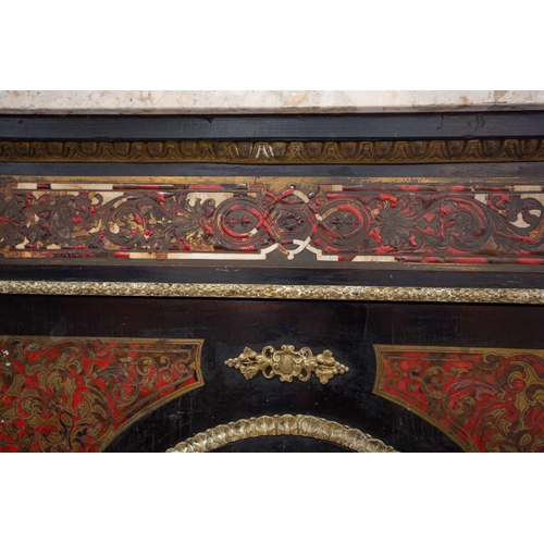 313 - A 19th century French boulle work and ebonised pier cabinet, the later marble top over a scroll form... 