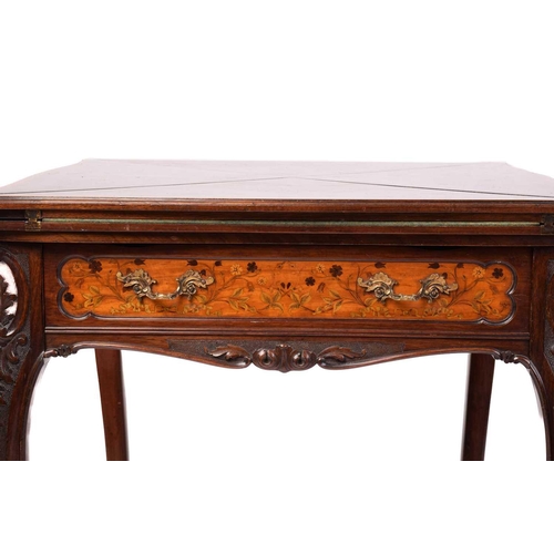 314 - A late Victorian mahogany envelope card table, the shaped square top with satinwood crossbanding ove... 