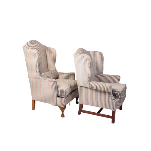 320 - Two George III style wing armchairs, 20th century, each well upholstered in a striped material, one ... 