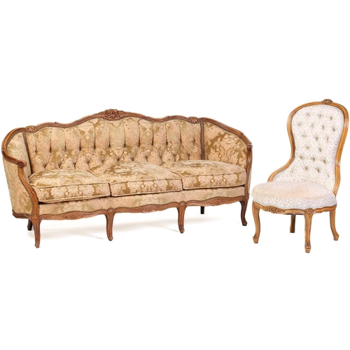 332 - A Louis XV-style carved beechwood canape with floral cresting and cancelled outline, on slender cabr... 