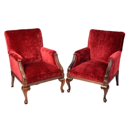 334 - A pair of 19th-century-style scroll-backed fireside armchairs with crimson velvet stuff over upholst... 