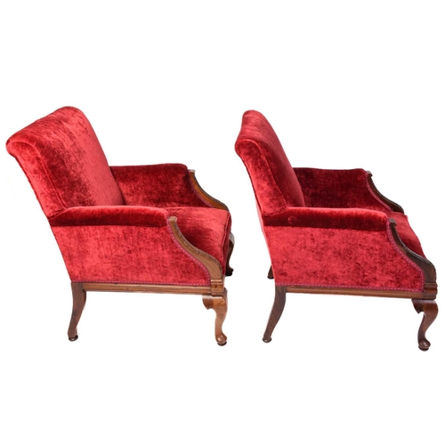 334 - A pair of 19th-century-style scroll-backed fireside armchairs with crimson velvet stuff over upholst... 