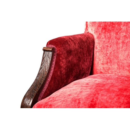 334 - A pair of 19th-century-style scroll-backed fireside armchairs with crimson velvet stuff over upholst... 