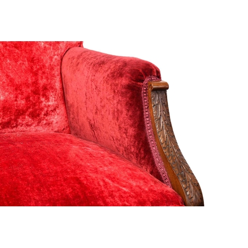 334 - A pair of 19th-century-style scroll-backed fireside armchairs with crimson velvet stuff over upholst... 