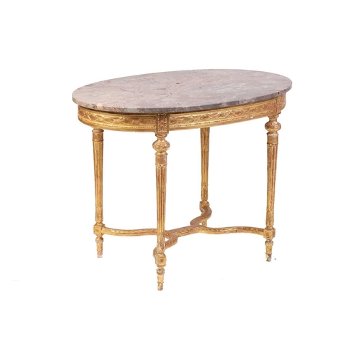 336 - A Louis XVI style oval marble-topped centre table, 20th century with shaped decorative stretcher and... 