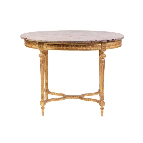 336 - A Louis XVI style oval marble-topped centre table, 20th century with shaped decorative stretcher and... 