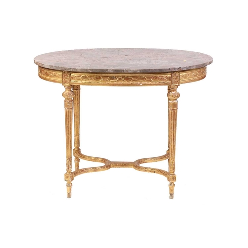 336 - A Louis XVI style oval marble-topped centre table, 20th century with shaped decorative stretcher and... 