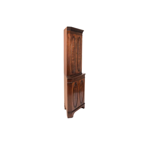 345 - A Reprodux, George III style mahogany two section free standing corner drinks cabinet with small pul... 