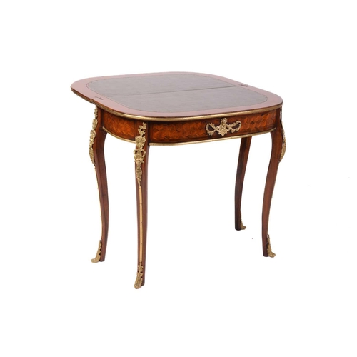 346 - A 19th century style French parquetry inlaid fold-over card table, the D-shape top enclosing leather... 