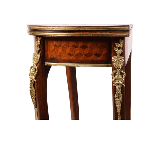 346 - A 19th century style French parquetry inlaid fold-over card table, the D-shape top enclosing leather... 