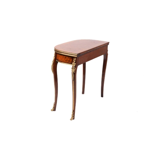 346 - A 19th century style French parquetry inlaid fold-over card table, the D-shape top enclosing leather... 