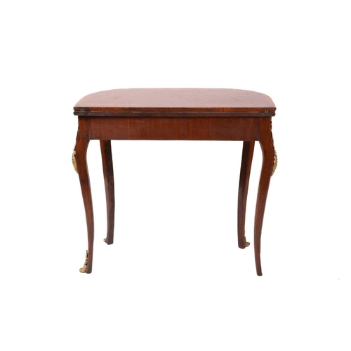 346 - A 19th century style French parquetry inlaid fold-over card table, the D-shape top enclosing leather... 