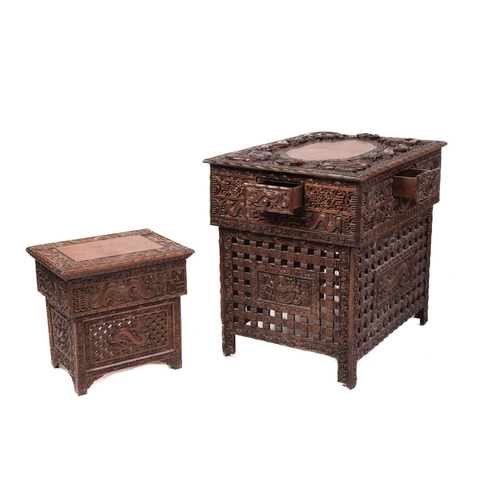 357 - A Chinese carved hardwood centre table, the rectangular top carved with dragons and bats over a simi... 