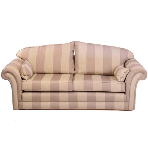 360 - A pair of contemporary good quality traditional two-seat sofas with damask effect broad striped stuf... 