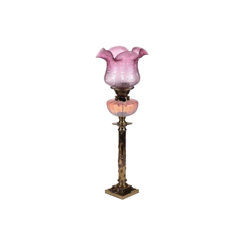 362 - A Victorian brass oil lamp with vaseline and cranberry glass reservoir and diffuser (now fitted for ... 