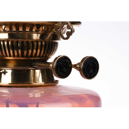 362 - A Victorian brass oil lamp with vaseline and cranberry glass reservoir and diffuser (now fitted for ... 