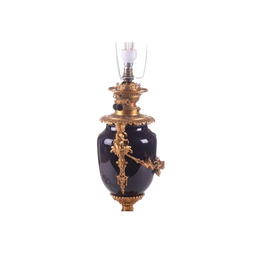 363 - A large French ormolu and cobalt-blue ceramic table lamp, originally converted from an oil lamp, wit... 