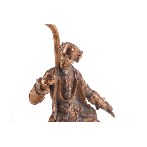 364 - A 20th-century copper and gilt brass figural table lamp, modelled a seated dandy, 68 cm high to incl... 