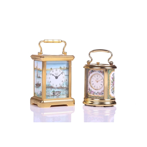 381 - A Halcyon Days hard enamel and gilt brass miniature corniche-cased timepiece decorated with river sc... 