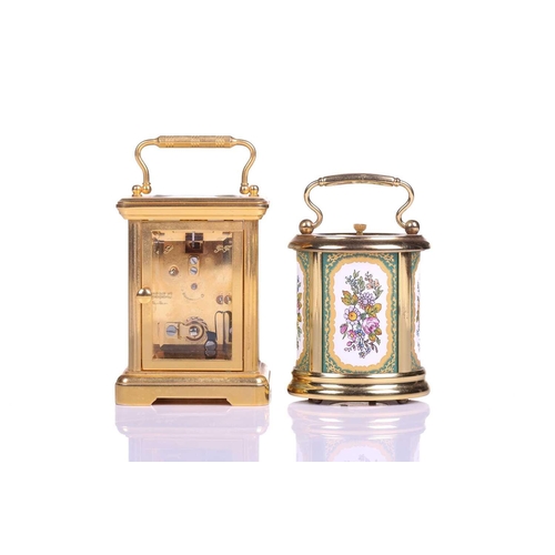 381 - A Halcyon Days hard enamel and gilt brass miniature corniche-cased timepiece decorated with river sc... 