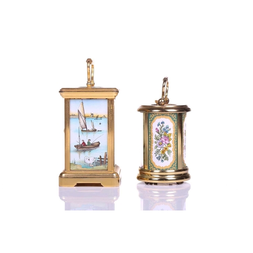 381 - A Halcyon Days hard enamel and gilt brass miniature corniche-cased timepiece decorated with river sc... 