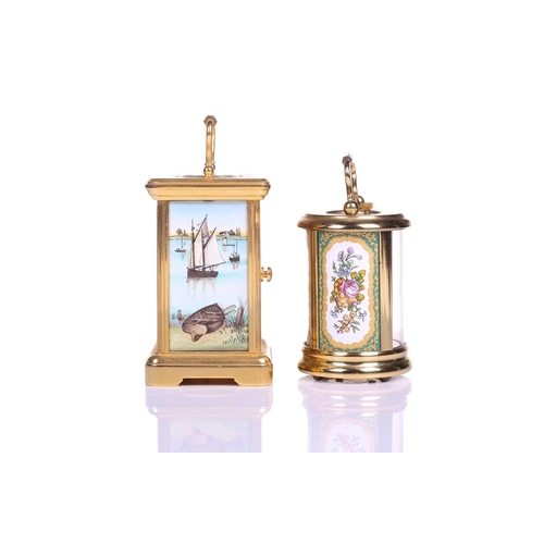 381 - A Halcyon Days hard enamel and gilt brass miniature corniche-cased timepiece decorated with river sc... 