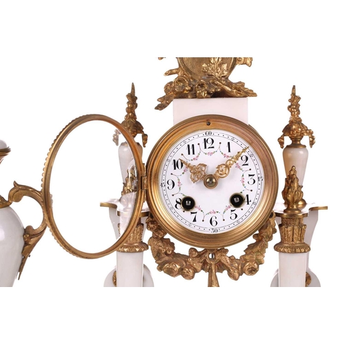 382 - A Louis XVI-style white marble and ormolu 8-day clock garniture, early 20th century, fitted with a s... 