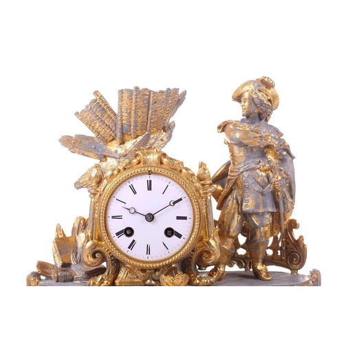 387 - A late 19th century French parcel gilt spelter clock, depicting a nobleman standing beside a drum ho... 