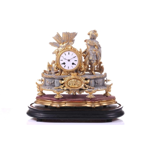 387 - A late 19th century French parcel gilt spelter clock, depicting a nobleman standing beside a drum ho... 