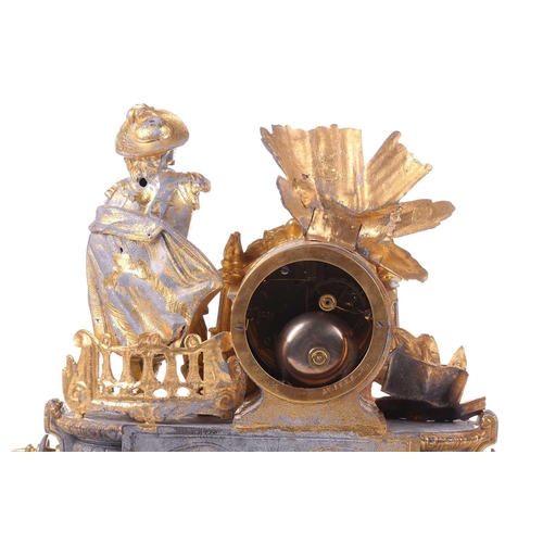 387 - A late 19th century French parcel gilt spelter clock, depicting a nobleman standing beside a drum ho... 