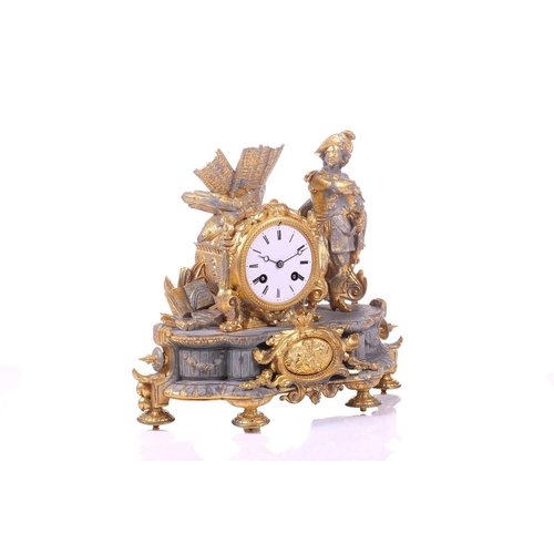 387 - A late 19th century French parcel gilt spelter clock, depicting a nobleman standing beside a drum ho... 